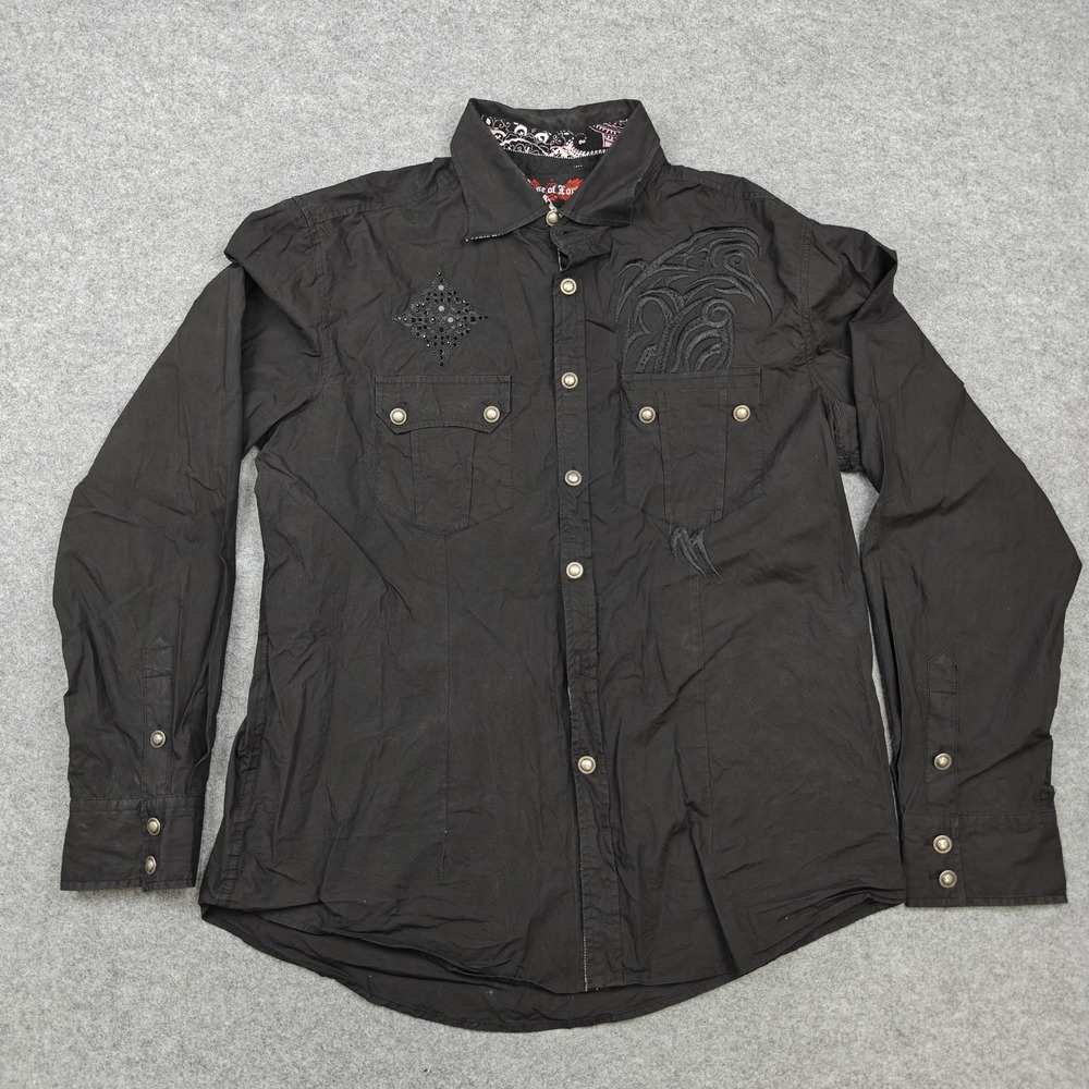 House Of Lords Shirt Mens XL Black Cotton Cross Rhinestone Long Sleeve Button Up
